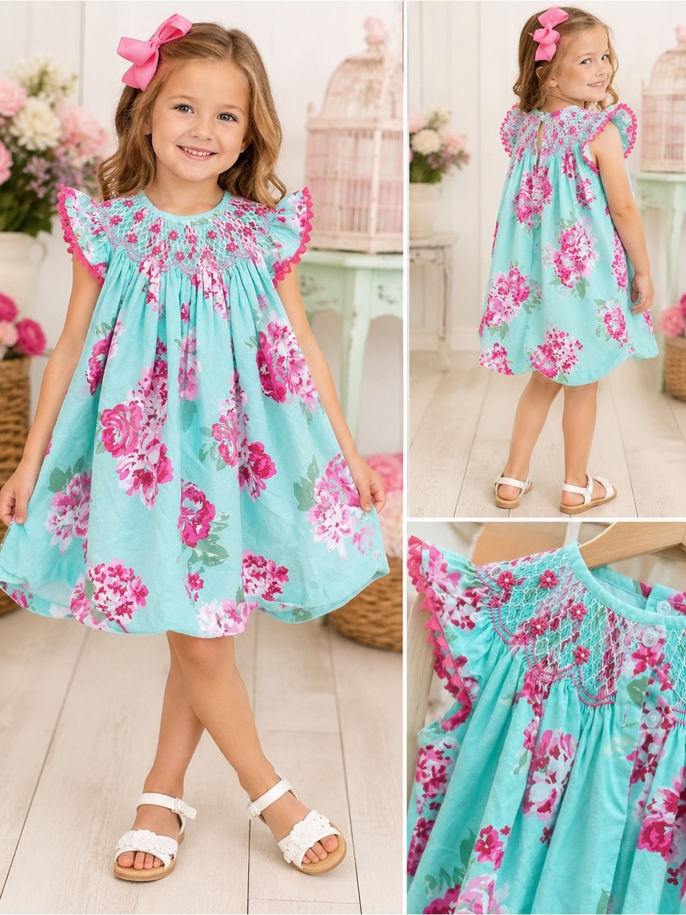 Smocked Auctions Floral Smocked Bubble Dress Girls Size 5 Teal Pink Boutique